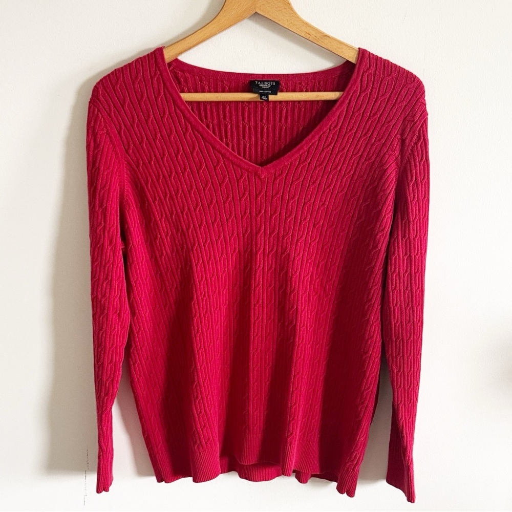 Talbots red plus size Pima cotton long sleeve breaded knit v-neck sweater sz 2X